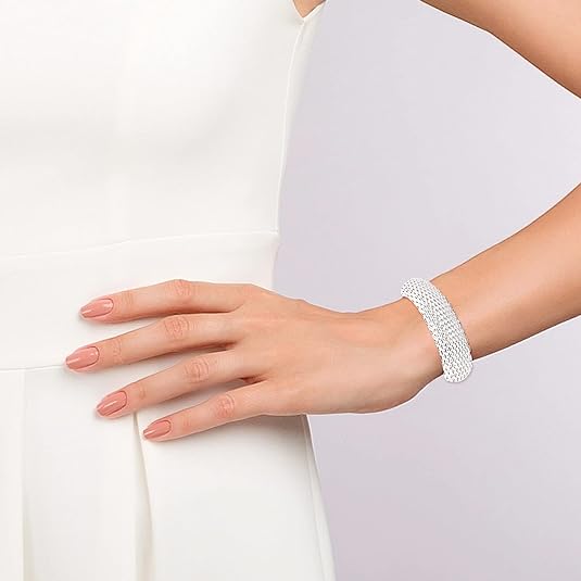 High quality 925 Sterling Silver Bangle - Sideway Big Flat Link Chain Mesh Bangle Bracelet for Women