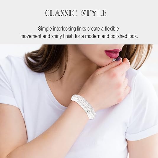 High quality 925 Sterling Silver Bangle - Sideway Big Flat Link Chain Mesh Bangle Bracelet for Women