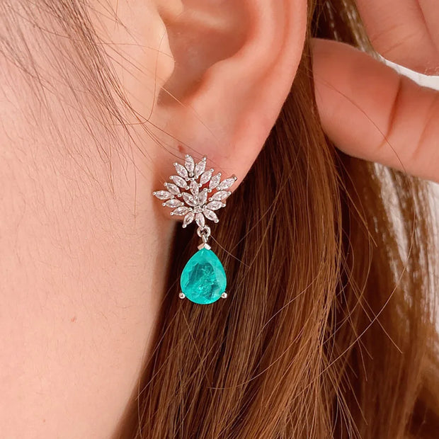 Vintage Paraiba Tourmaline Created Lab Diamond Earrings/Necklace/Pendant Charms Jewelry Set for Women