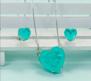 Romantic Heart Paraiba Tourmaline Zircon Necklace Earrings Jewelry Set For Women