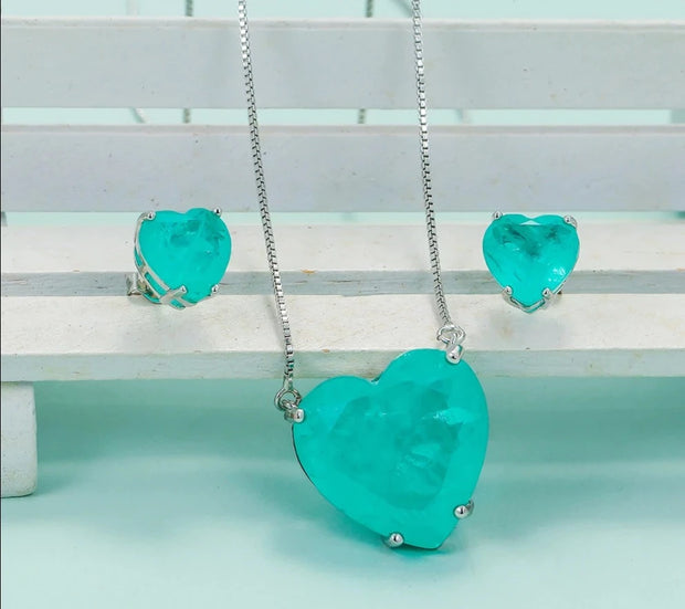 Romantic Heart Paraiba Tourmaline Zircon Necklace Earrings Jewelry Set For Women
