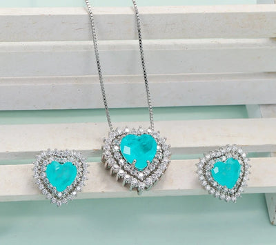 Romantic Heart Paraiba Tourmaline Zircon Necklace Earrings Jewelry Set For Women
