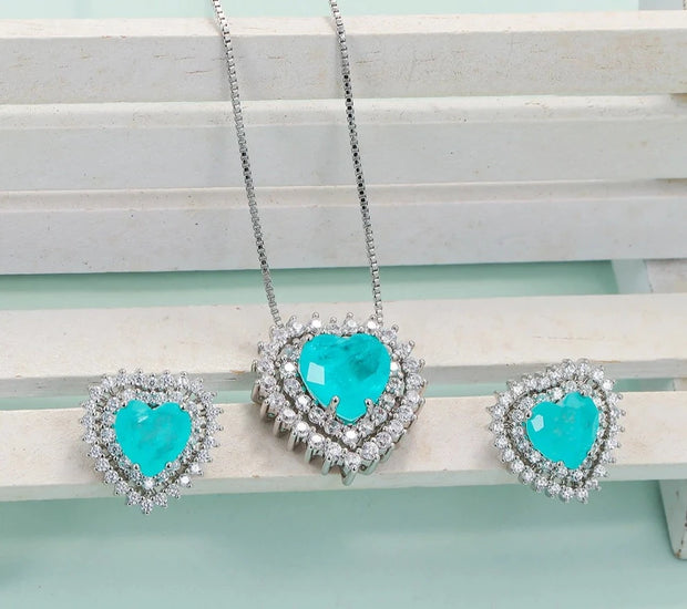 Romantic Heart Paraiba Tourmaline Zircon Necklace Earrings Jewelry Set For Women
