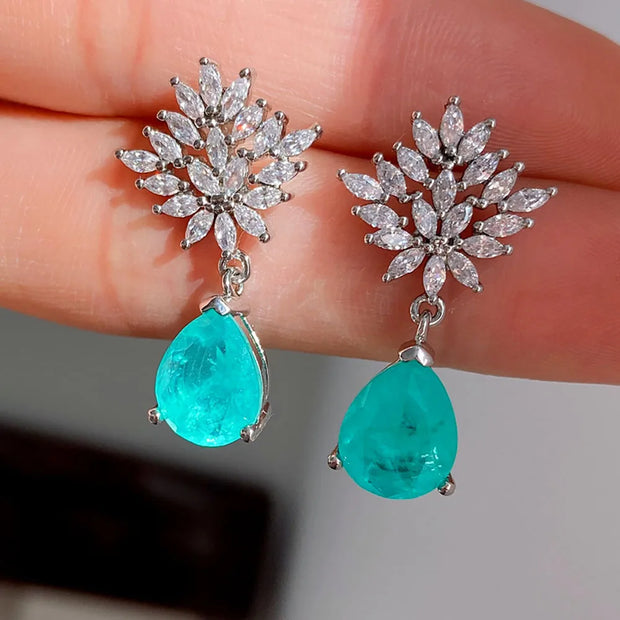 Vintage Paraiba Tourmaline Created Lab Diamond Earrings/Necklace/Pendant Charms Jewelry Set for Women