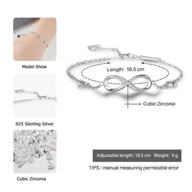 925 Sterling Silver Infinity Adjustable Bracelets for Women