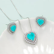 Romantic Heart Paraiba Tourmaline Zircon Necklace Earrings Jewelry Set For Women