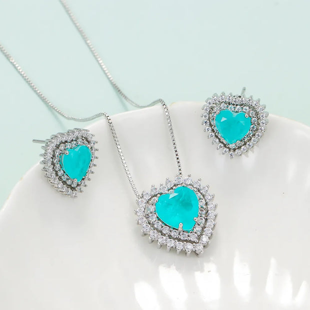 Romantic Heart Paraiba Tourmaline Zircon Necklace Earrings Jewelry Set For Women