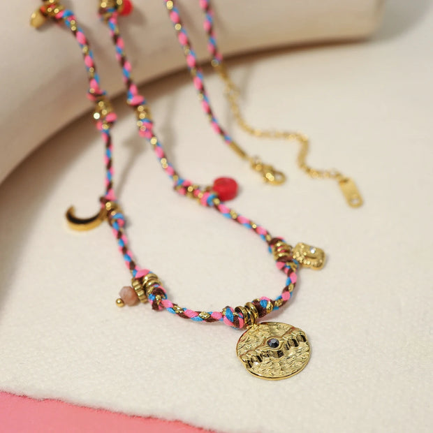 Vintage Stainless Steel Charms Necklaces for Women - Boho Pink Blue Rope Chains Bracelets Trendy Jewelry Sets