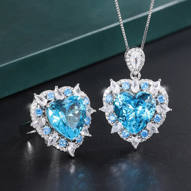 Romantic Heart Paraiba Tourmaline Zircon Necklace Earrings Jewelry Set For Women