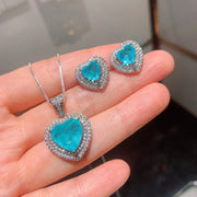 Romantic Heart Paraiba Tourmaline Zircon Necklace Earrings Jewelry Set For Women